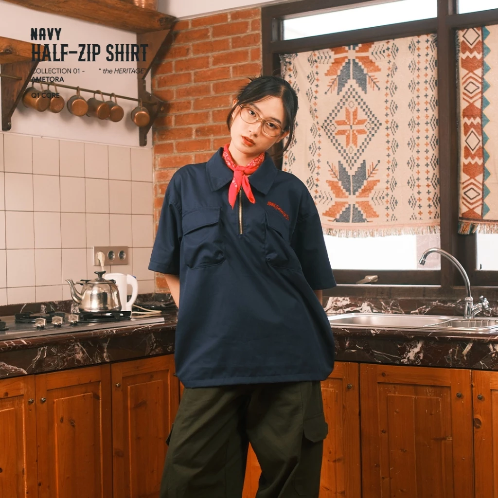CLUB of 1986 AMETORA Half-Zip Work Shirt Short Half Sleeve Oversize
